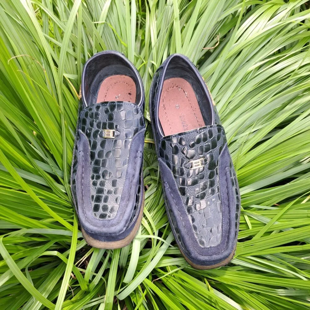 British Walker Stone Pattern Casual 10 M/W Suede Leather Slip On Crepe Sole Blue